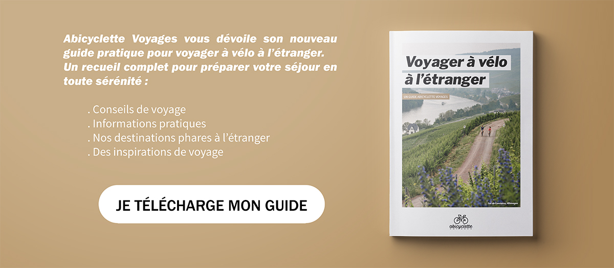 Encart de téléchargement du guide "Voyager à vélo à l'étranger".
