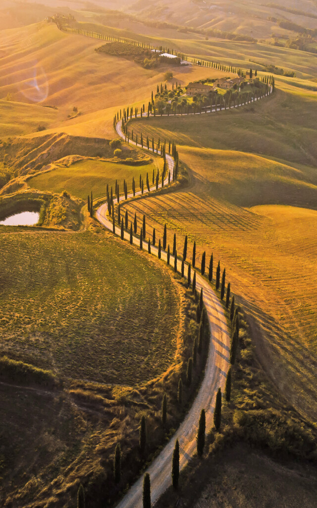 Route sinueuse entre les vallée orangée de Toscane