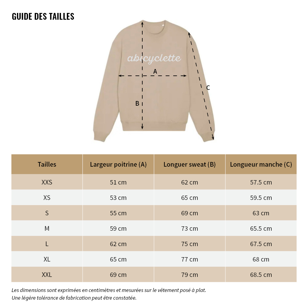 Sweat beige - Guide des tailles Guide des tailles du sweat beige Abicyclette