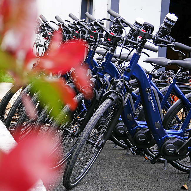 Row of blue electric bikes