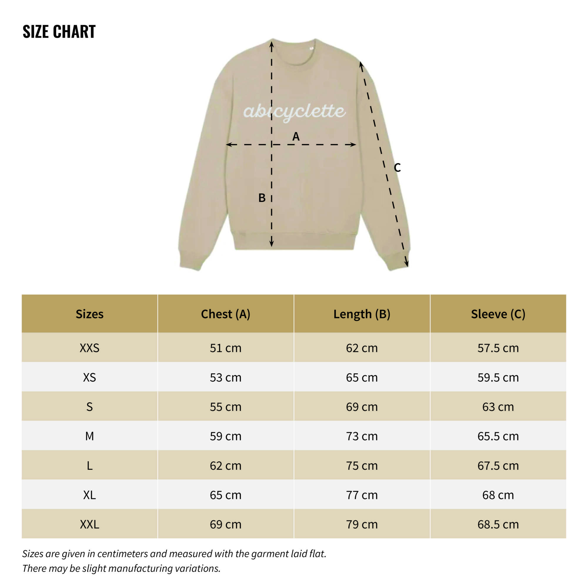 Sweat beige - Guide des tailles EN