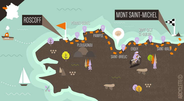 Carte itinéraire tour de manche à vélo du Mont Saint Michel à Roscoff