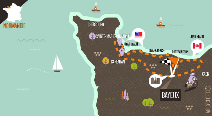 Carte itinéraire Plages du débarquement à vélo autour de Bayeux