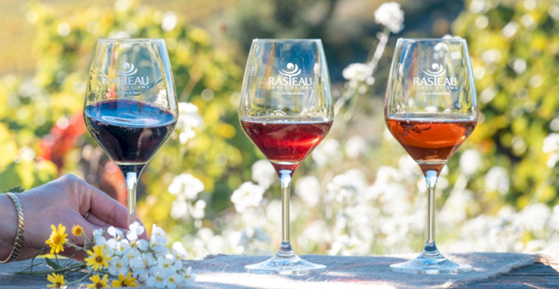 Trois verres de vin blanc rouge et rose