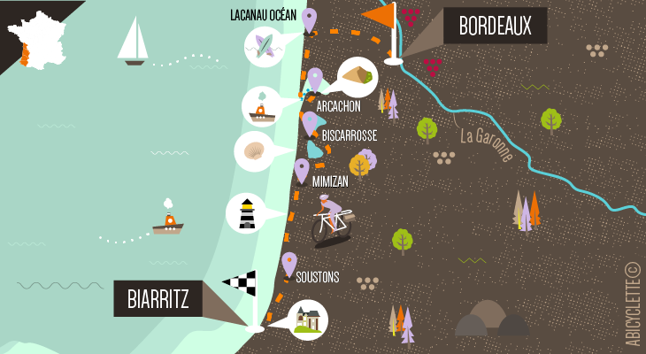 Carte itinéraire séjour à vélo La Vélodyssée, de Bordeaux à Biarritz