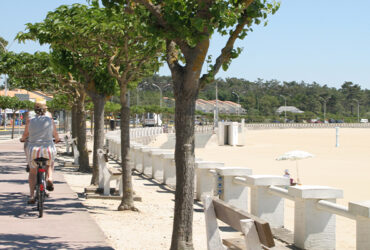 Un couple de cycliste longe une plage d sable blanc en ville