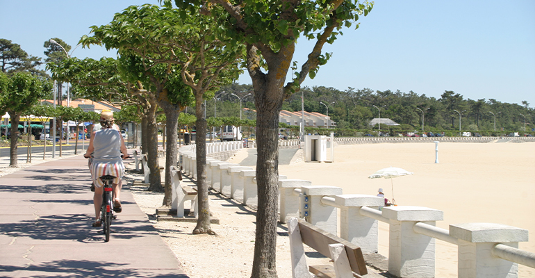 Un couple de cycliste longe une plage d sable blanc en ville