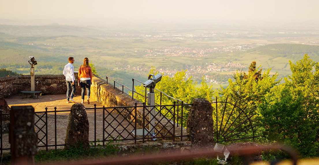 Un couple admire une vue panoramique sur la campagne verdoyante et fleurie