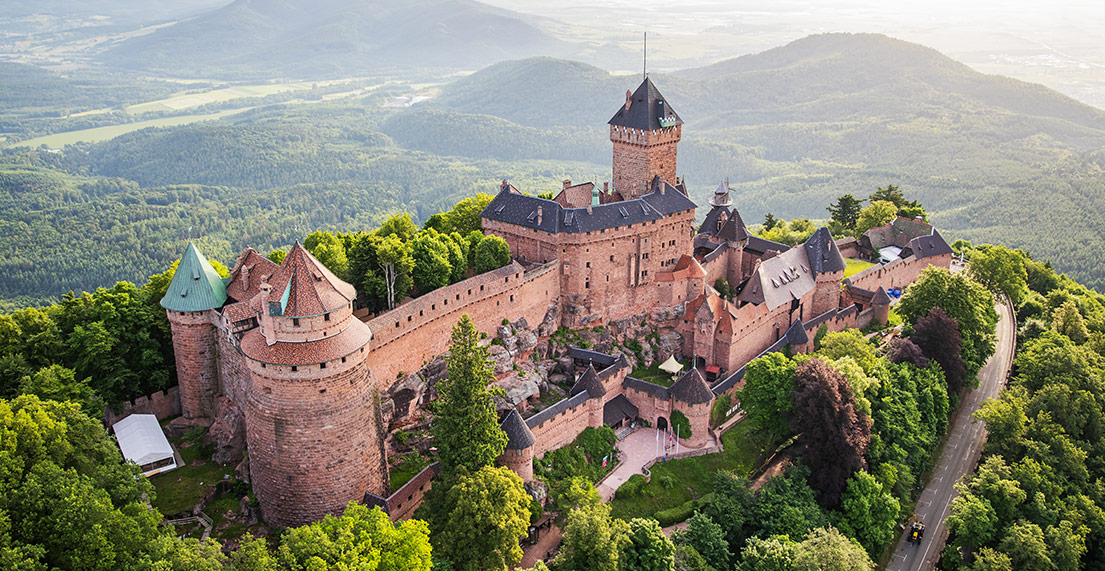Vue aérienne d'un chateau entouré d'arbres et de foret