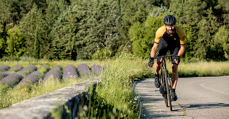 cycliste vélo de route sur la route des champs de lavande en provence