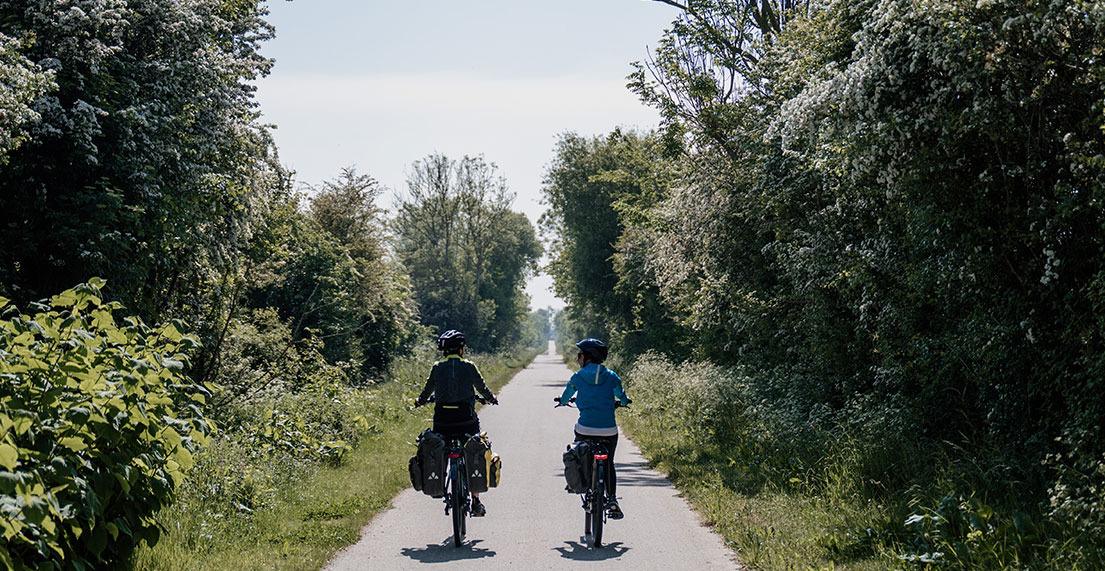 Un couple de cyclistes roule sur un chemin de halage entouré de verdure