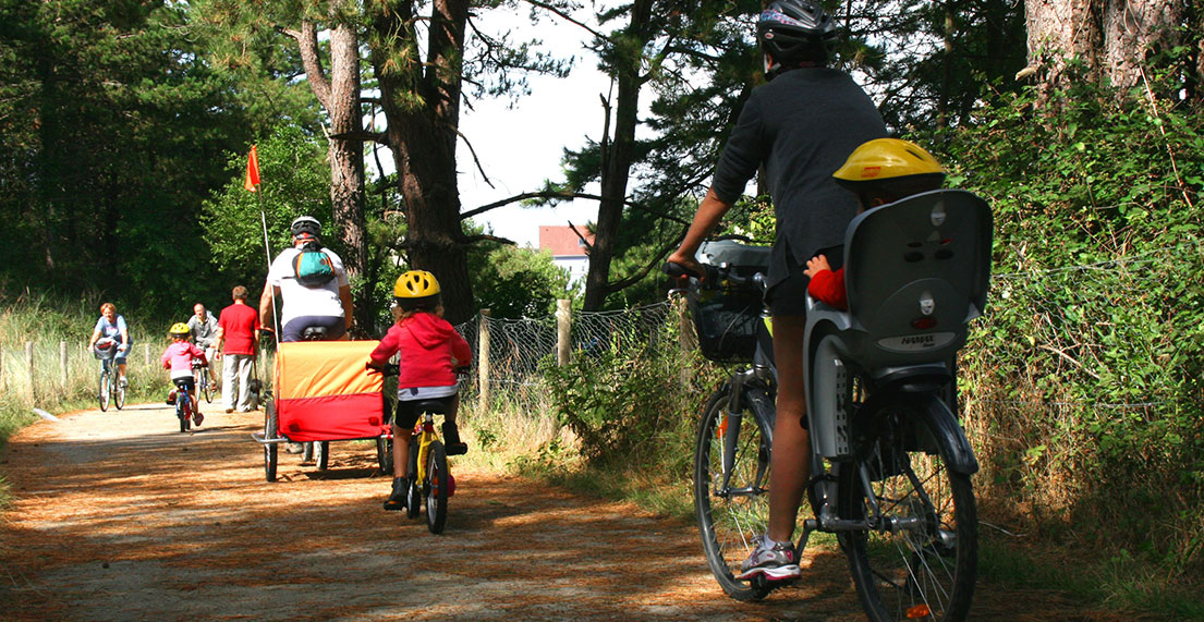 Une famille de cyclistes roule sur les chemins cyclables entoures de pins