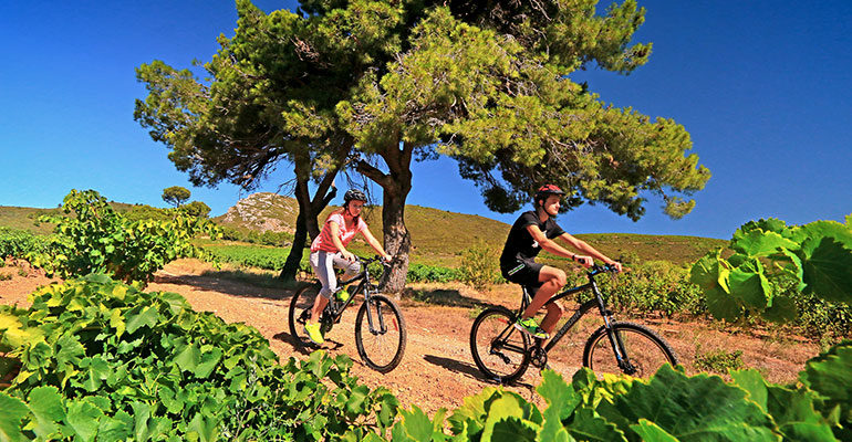Randonnée à vélo de deux cyclistes à travers le pays des Corbières