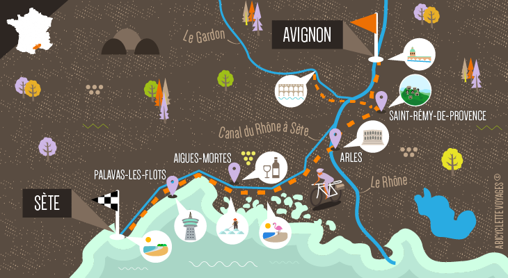 Carte séjour La ViaRhôna et la Méditerranée à vélo, d'Avignon à Sète