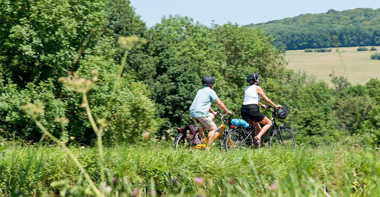 Couple faisant du vélo dans les vignes