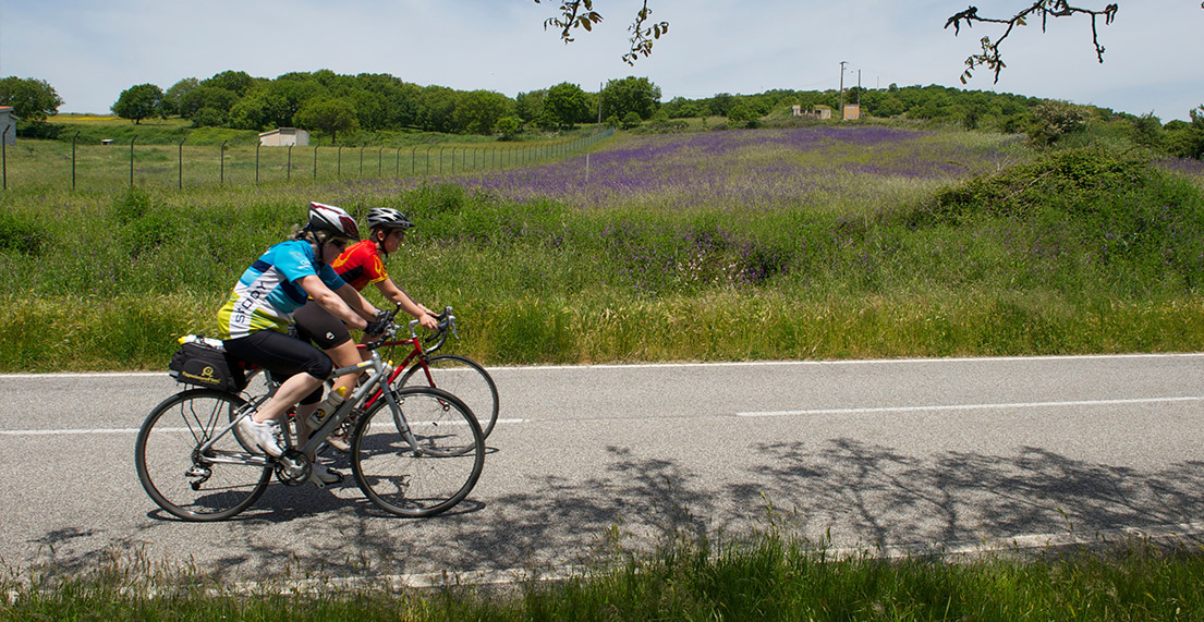 Un couple de cyclistes roule le long d'une route bordée de verdure