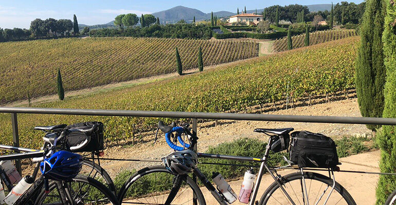 vélos devant vignes et paysage de toscane