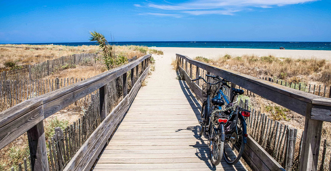 Des vélos sont posé contre des jonc de mer devant une plage de sable blanc