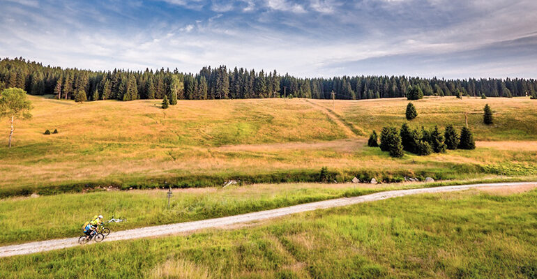 Deux cyclistes sur une piste cyclable en campagne