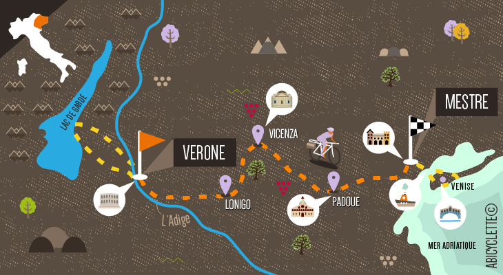 Carte séjour l'Italie du Nord à vélo : Du lac de Garde à Venise