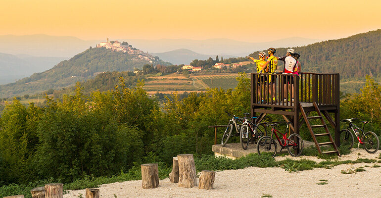 Un groupe de cycliste admirent un panorama sur les montagnes et forêt depuis un promontoir
