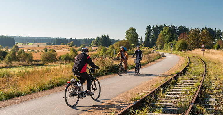 Un groupe de cyclistes roulent sur une piste cyclable longée par un chemin de fer