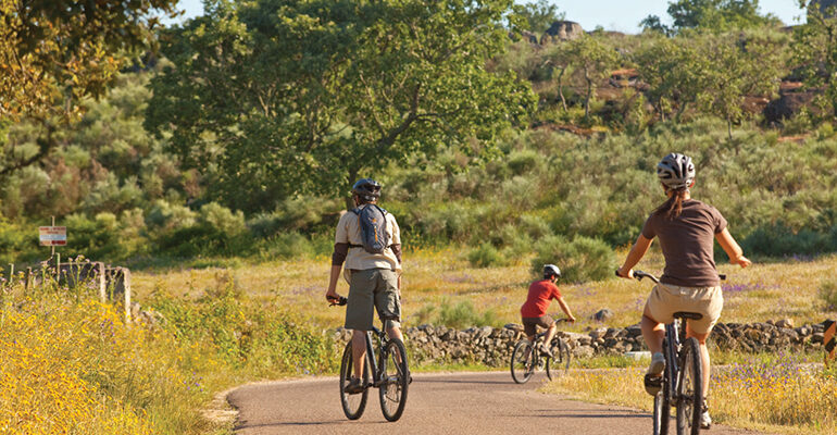 Une famille de cyclistes roule en campagne