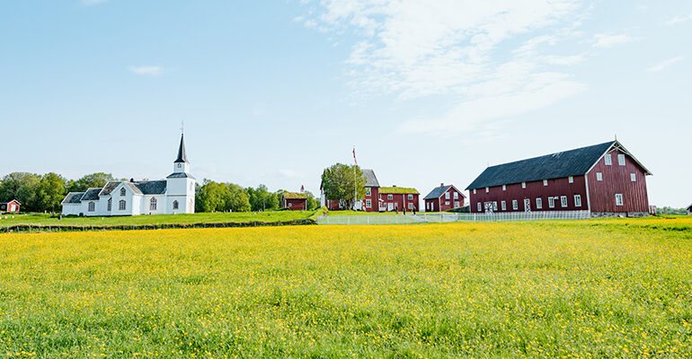 Village typique avec ses maisons rouges entourées de verdure
