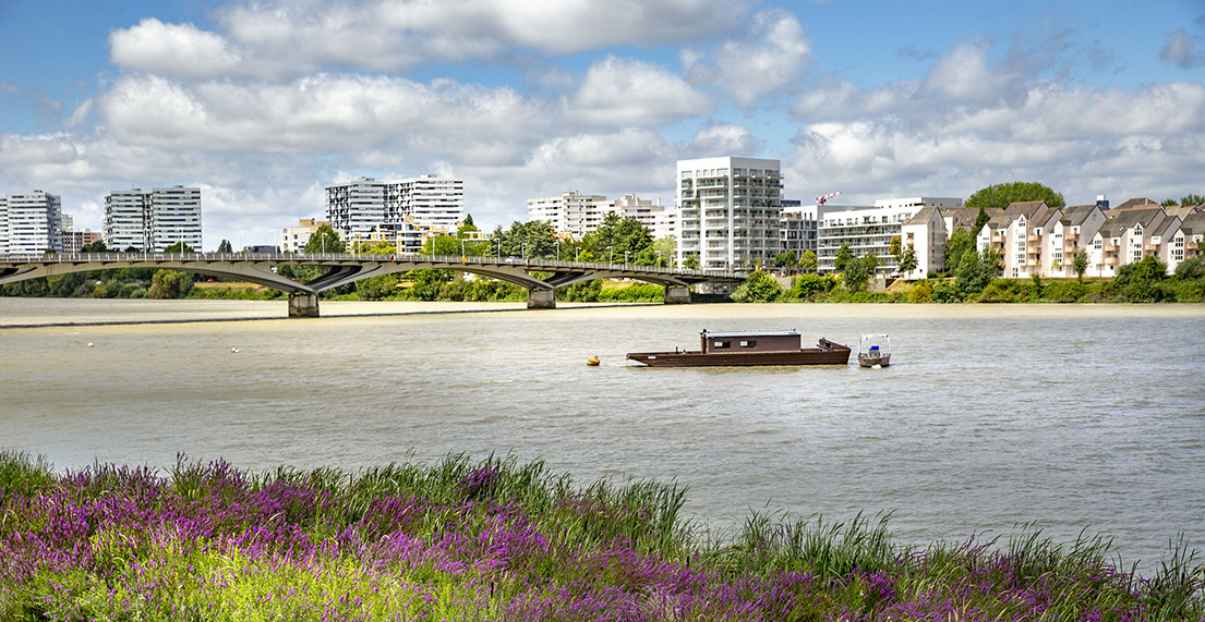 Une péniche navigant sur l'Erdre avec Nantes en fond