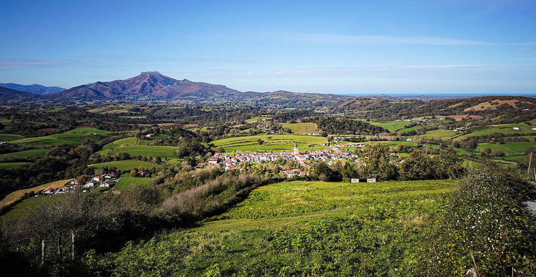 Vue sur la vallée verte et les montagnes