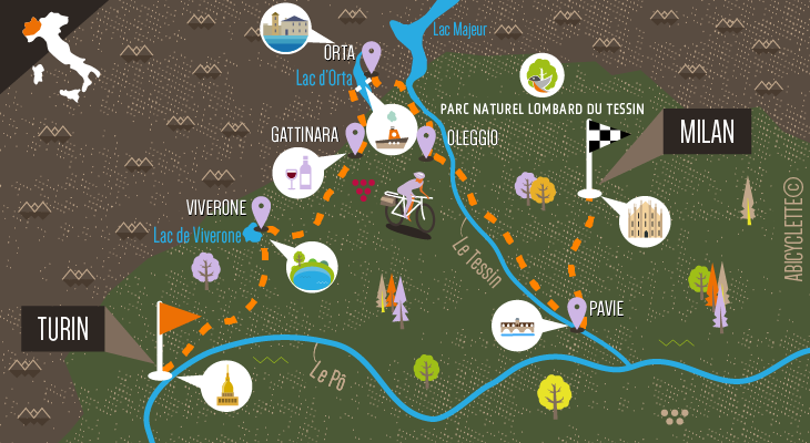 Carte séjour La route des lacs italiens à vélo de Turin à Milan