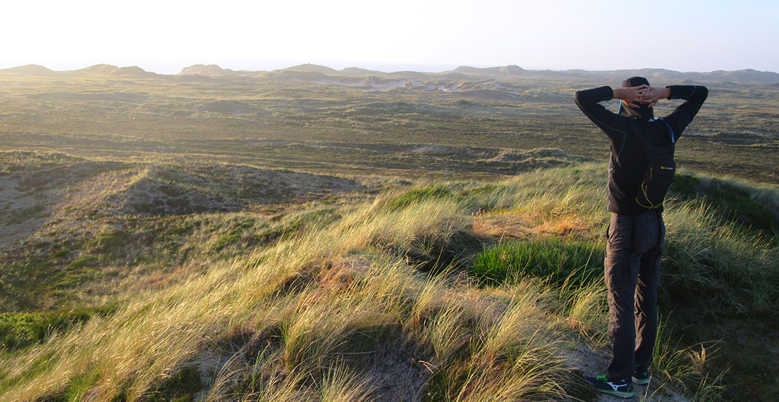 Un cycliste admire le paysage constitué de dunes