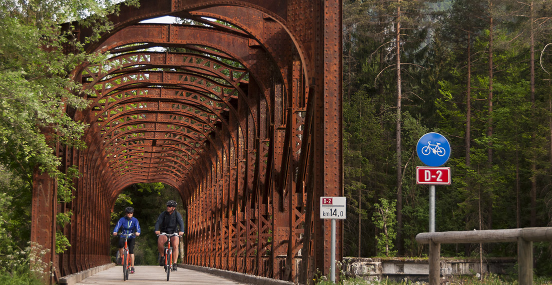 Un couple de cycliste passe sous un pont en ferraille entouré de foret