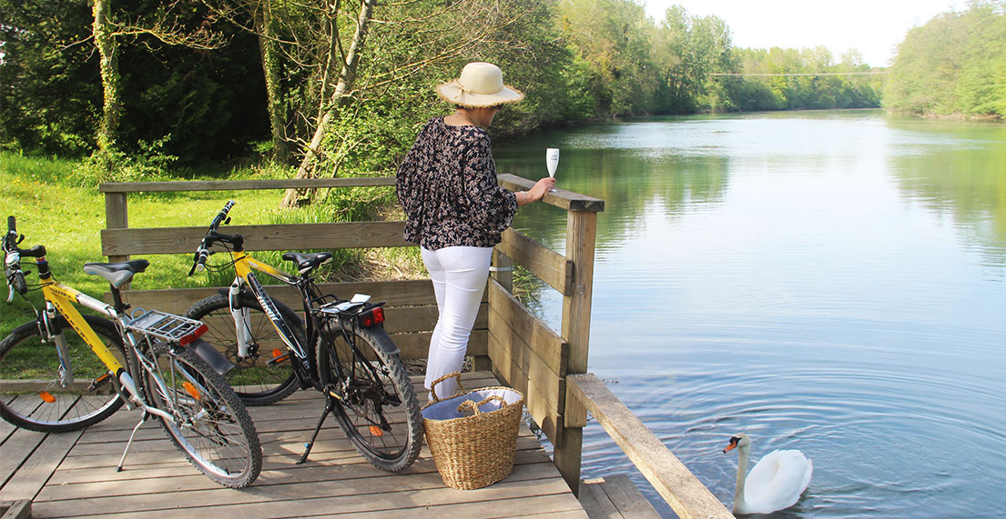Une femme déguste un verre de champagne devant un lac avec ses vélos