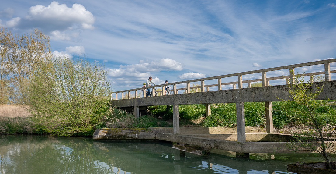 Une famille de cyclistes traverse un pont au dessus de marais entourés de campagnes